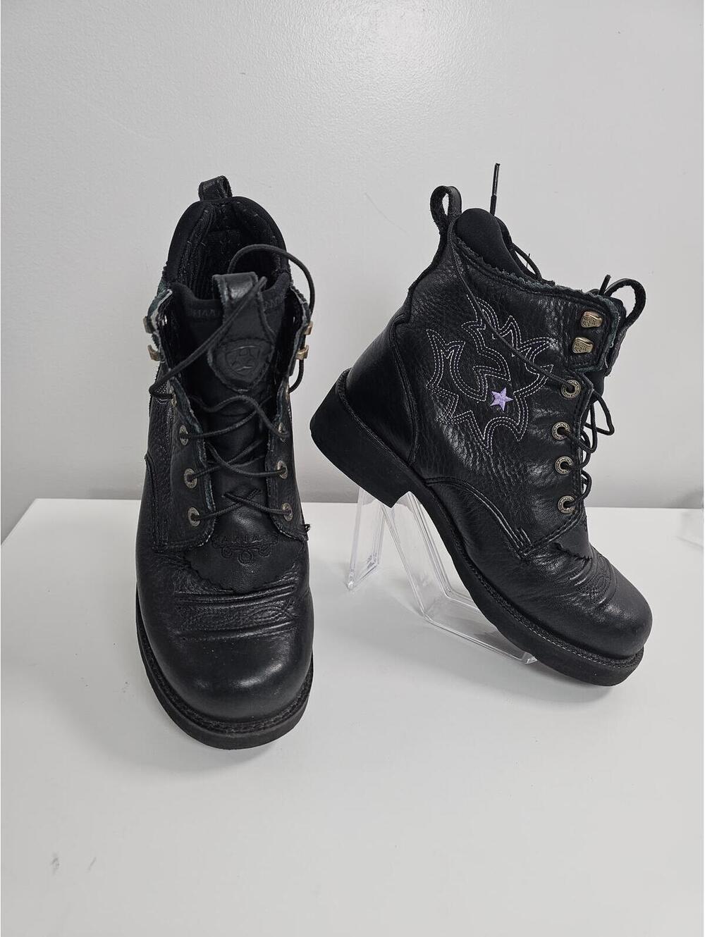 Ariat  Probaby Black Leather Lace-Up Ankle Boots with Embroidered Star Detail
